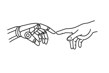 Poster - A bionic robotic hand and a human hand are depicted touching fingers in a line art drawing suitable for logos, emblems, prints, posters, and vector illustrations, representing a  concept with a