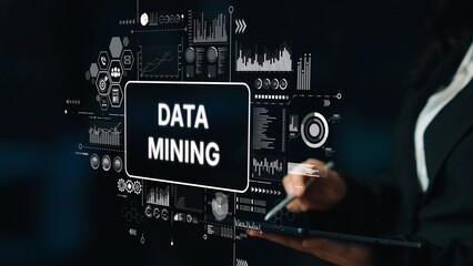 Poster - Business professional analyzing data mining concepts with graphs and technology elements in a modern digital environment. Asymptotic smart data analytic.