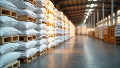 Poster - Warehouse filled with white bags animal feed grain stacked on wooden pallets. Bulk storage, agricultural supply. Well-lit environment, commercial facility, supply chain, logistic, distribution.