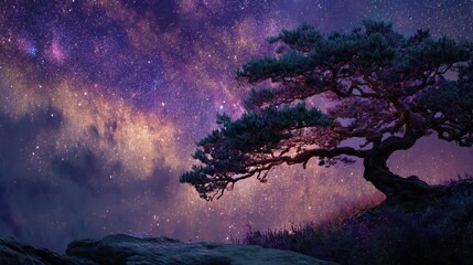 Poster - Tree on a hill glows in the twilight beneath a sky full of stars at nighttime