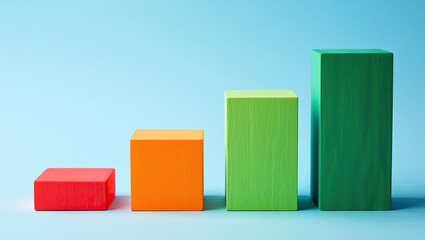 Colorful Growth Chart Blocks on Light Blue Background Displaying Upward Trend and Progress, Representing Business Success, Achievement, and Positive Development