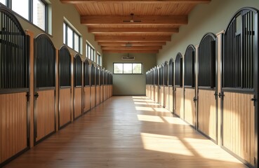 Aufkleber - Spacious, light-filled empty stable interior. Wooden stalls, arch doors, clean floor, bright space with natural light from windows. Perspective composition creates aesthetic appeal for equestrians,