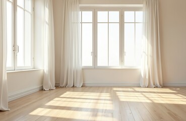 Poster - Modern minimalist interior design. Bright empty room with large windows and curtains. Parquet floor, sunlight shadows. Apartment decor, home indoor, real estate.