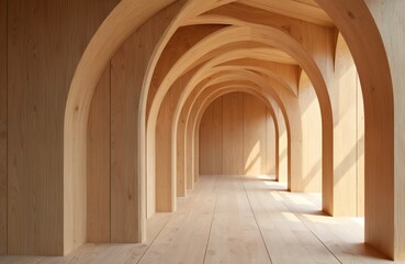 Poster - Abstract architectural background of curved wooden arches. Modern interior design with natural wood texture. Lines perspective create a sense of depth, spaciousness. Wooden construction with arches.