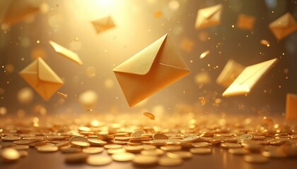 Poster - Image with flying golden envelopes above gold coins. Representing message, wealth, success, rewards, finance, business concept. Suitable for email marketing, newsletters, promotions, special offers,
