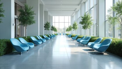Poster - Modern minimalist lobby interior with blue chairs green plants. Architectural design building has large windows. Elegant waiting area with stylish decor. Comfortable space, bright sunlight atmosphere.