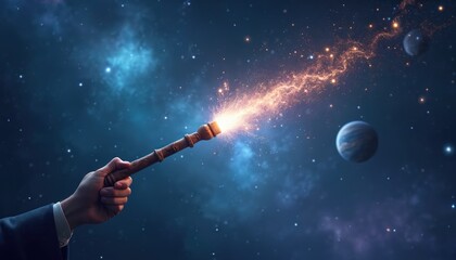 Poster - Magical wand emits sparks into dark galaxy background. Twinkling stars around. Fantasy art with cosmic, space, universe elements. Hand holding, dreamlike, bright, marvellous illumination.