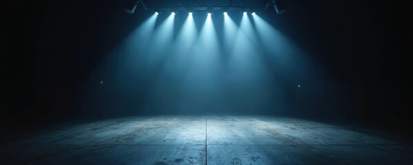 Poster - Empty stage with bright spotlights, dark background. Blank performance hall with vibrant illumination, ideal for live shows, theatre. Cinematic lighting creates atmospheric, dramatic effect. Perfect