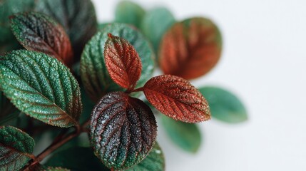 Aufkleber - Close-up of a dried branch with copper colored leaves, showcasing intricate vein patterns and a minimal white background, suggesting autumn