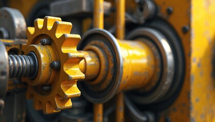 Poster - Close-up shot of yellow gear, steel cable in industrial machine. Machinery detail showcases engineering, tech, mechanical drive, metal parts. Industrial automation.