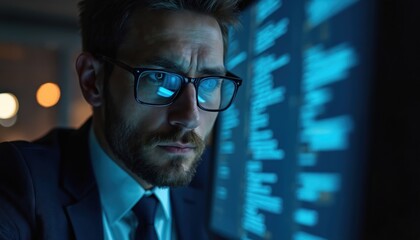 Aufkleber - Focused businessman with glasses working on computer. Blue light screen reflection, night office background. Serious man, professional, tech, data analysis.