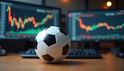 Aufkleber - Soccer ball next to stock charts on monitors. Financial market, business graph of investment success failure, analysis. Online betting sport concept, gambling with football. Trading, digital currency