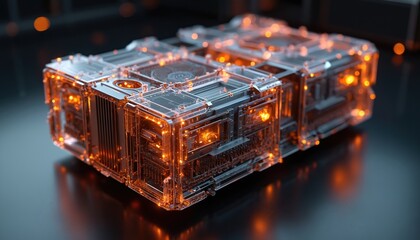 Poster - Photorealistic CGI render of quantum computer with intricate cooling systems and advanced components. Sleek futuristic design with orange illumination represents innovation in tech.