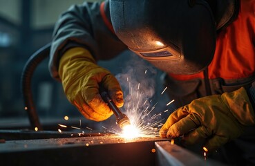 Poster - Welder uses electric welding machine to weld metal, producing sparks, smoke. Man working workshop with protective gear. Welding process creates strong bond between metal parts. Construction,