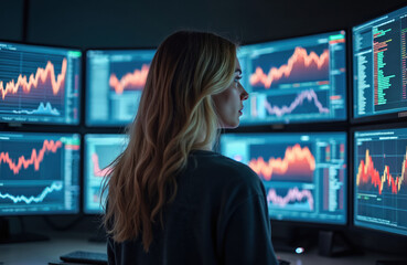 Poster - Female data analyst focused on multiple monitors displaying complex financial charts. Woman in dark office analyzes stock market data. Business professional working with charts graphs. Data analysis.