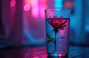 Poster - Glass with flower inside, drops of water on surface. Neon light, colourful background. Pink and blue colors dominate. Modern art abstract photo for social media promotion, business, advertising, tech.