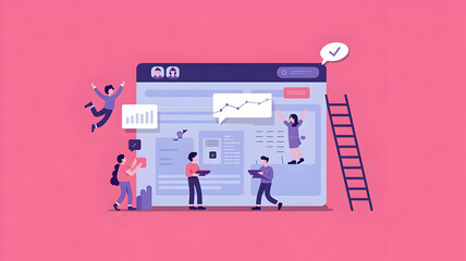 Team collaboration on a web project with data charts and a ladder on a pink background scene
