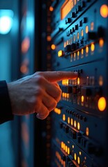 Poster - Technician interacts with illuminated server controls in high-tech data center at night. Hand touches buttons. Digital network system with hardware, processing, computing, light, maintenance,