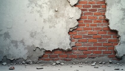 Aufkleber - brick wall texture background. Cracked red bricks exposed, weathered concrete plaster. Grunge, vintage style. Rough surface, distressed design for construction, industrial, or historic projects.