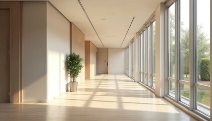 Poster - Modern office building empty hallway. Bright sunshine, big windows, light. Clean, bright, luxury corporate interior. Hallway, empty space, meeting, urban architecture.