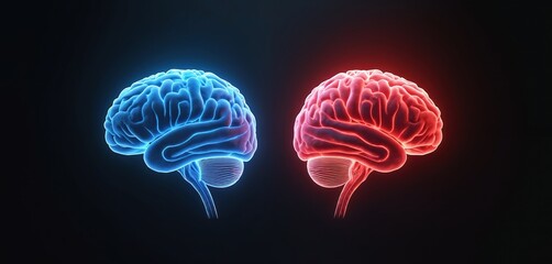 Poster - Two glowing human brain halves in red, blue colors on black background. Abstract art concept related to neurology, medicine, psychology. AI generated image for science, education purposes,