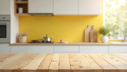 Aufkleber - Empty wood table top in modern kitchen interior. Blurred background with white cabinets, yellow wall, kitchen tools and decor. Ready product montage. Ideal for advertisement and product display.