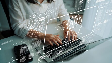 Fototapete - Modern Workplace Featuring Technology Integration with Artificial Intelligence Concepts and Business Data Analytics. Asymptotic smart data analytic.