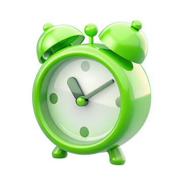 Green alarm clock 3d rendering isolated on transparent background. Cut out