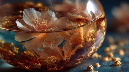 Poster - Glass jar containing botanical elements and golden particles creating a decorative and artistic composition with shallow depth of field