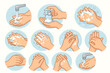 © VectorStudios - Hand washing technique instruction set. Proper hand hygiene steps to prevent germs, bacteria, and viruses. Educational infographic with cartoon hands, soap, and water. Vector icons.