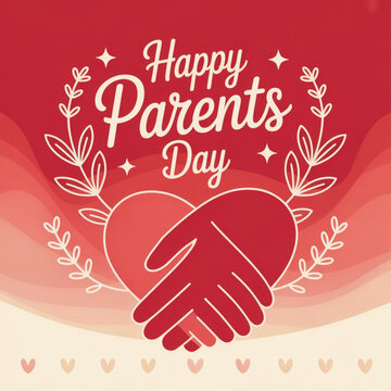 Happy Parents Day greeting card, red heart background, handwritten typography, elegant, warm, love, vector style
