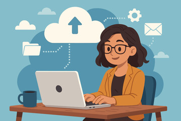 Poster - Remote work concept illustration. Professional woman using laptop at desk with cloud computing, file sharing, email, data storage, digital workflow, online collaboration. Modern office vector.
