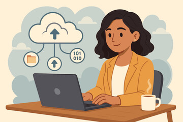 Poster - Remote Work Concept with Professional Woman Using Laptop, Cloud Computing, Data Upload, Digital File Storage, Modern Technology, Home Office, Coffee, Vector Cartoon Illustration