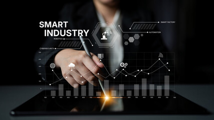 Poster - Smart industry dashboard combining automation, robotics, cloud integration, cybersecurity, and data analytics to support intelligent factory systems and real-time monitoring Latch