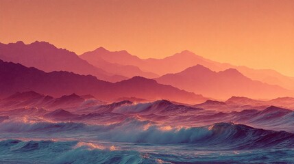 Aufkleber - Vibrant landscape art of layered mountains and sun setting with warm colors like red, orange, and yellow creating an atmospheric evening scene in nature
