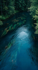 Poster - Aerial view of a river flowing through a lush green forest, showing teal water and underwater plants, creating a tranquil and serene nature scene