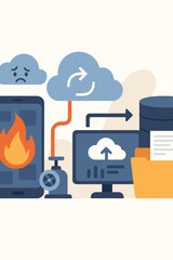 Poster - Data recovery and cloud backup technology. Concept of system failure with phone fire and sad cloud. Data synchronization, transfer to server, database and online folder storage.