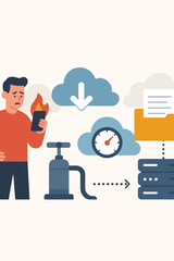 Poster - Slow internet connection and data download problem concept. Frustrated man with burning smartphone. Server error, slow performance, file transfer failure, tech burnout metaphor.