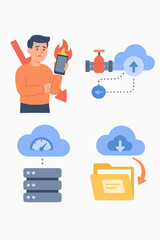 Poster - Set of technology icons. Cloud computing, data transfer, download, upload concept. Man with burning phone illustrates system error, crash. Server speed, bandwidth throttling vector.