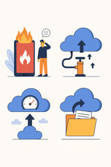 Poster - Cloud computing icon set. Data storage, upload speed, and file backup concept. Man stressed by overheating phone error. Vector icons for data transfer, sync, and cloud service.