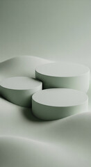 Poster - Three pale-green cylindrical podiums rest on a subtly undulating surface, creating a minimalist product display scene, ideal for showcasing items or branding
