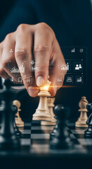 Poster - Hand moves white chess king piece on board, digital interface shows graphs and analysis data, symbolizing strategic business planning and decision-making