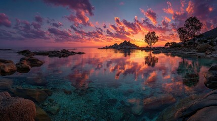 Aufkleber - Serene lakeside view at dusk with colorful clouds and still water reflecting vibrant colors