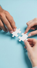 Poster - Two hands connecting two white puzzle pieces on a light-blue background, symbolizing collaboration, teamwork, and problem-solving