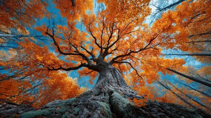 Aufkleber - Looking up at a towering tree with orange leaves in an autumn forest during the day