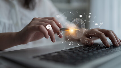 Poster - Visualization of global digital communication and online across multiple platforms, including global network, digital network, communication network, and online network. Latch
