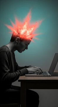 Person using laptop, red powder exploding from head, symbolizing stress, pressure, or mental overload