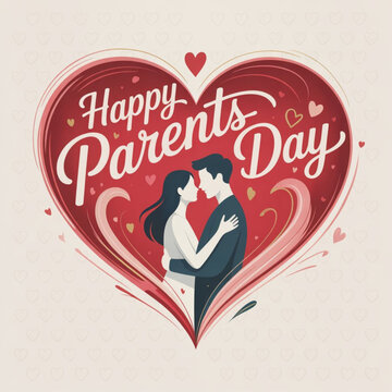 Happy Parents Day greeting card, red heart background, handwritten typography, elegant, warm, love, vector style
