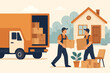 © Carlo - Moving service vector illustration. Professional movers carrying boxes, loading moving truck, delivering furniture and plants to new house. Relocation, home moving, transportation, delivery concept