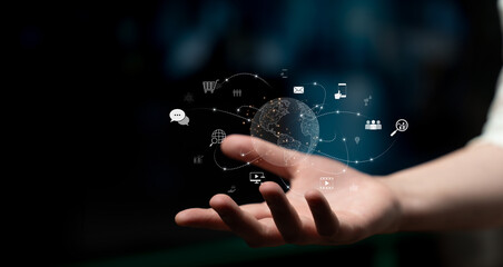 Poster - Visualization of global digital communication and online across multiple platforms, including global network, digital network, communication network, and online network. Latch